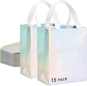 RACETOP 15 Pcs Iridescent Glossy Gift Bags Medium Size, 8x4x10 Inch Holographic Reusable Gift Bags with Handles, Ideal for Birthday, Wedding, Bachelorette, Party Favors, Holiday Goodie